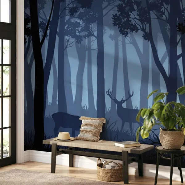 Vector_blue_night_forest_landscape_with_silhouettes_of_trees_and_two_Deer_Mural_Wallpaper.