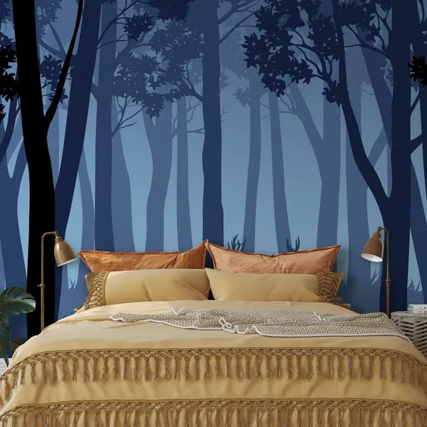 Vector_blue_night_forest_landscape_with_silhouettes_of_trees_and_two_Deer_Mural_Wallpaper.