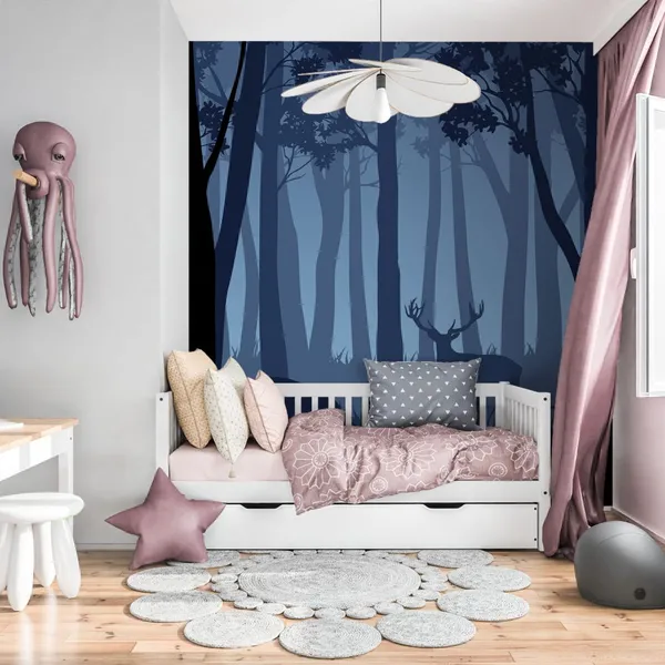 Vector_blue_night_forest_landscape_with_silhouettes_of_trees_and_two_Deer_Mural_Wallpaper.