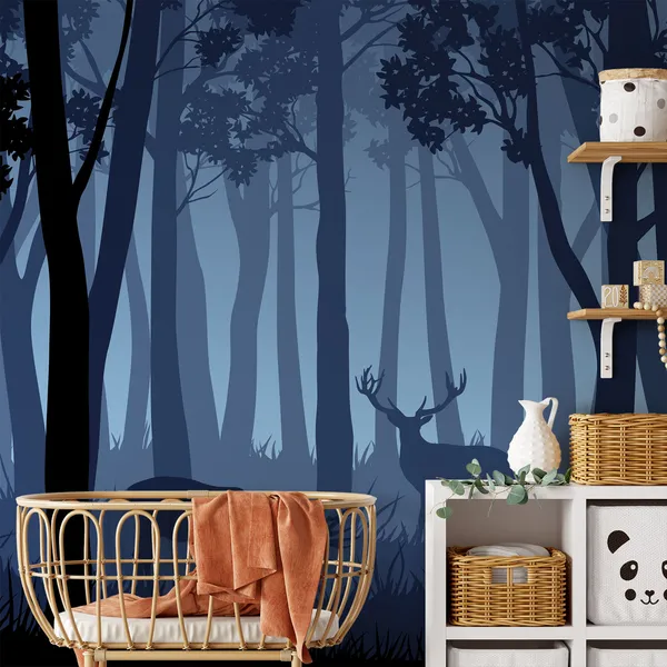 Vector_blue_night_forest_landscape_with_silhouettes_of_trees_and_two_Deer_Mural_Wallpaper.
