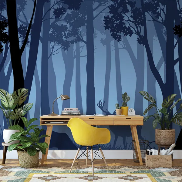 Vector_blue_night_forest_landscape_with_silhouettes_of_trees_and_two_Deer_Mural_Wallpaper.
