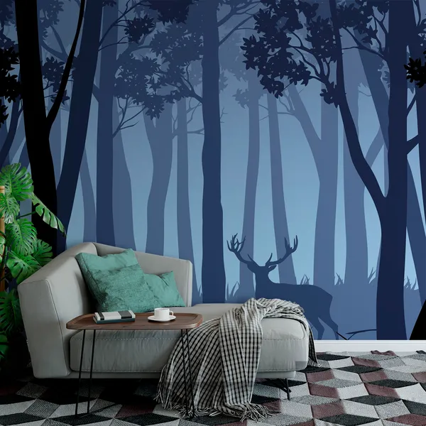 Vector_blue_night_forest_landscape_with_silhouettes_of_trees_and_two_Deer_Mural_Wallpaper.