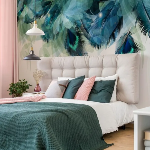 Abstract_floral_background_with_feathers_and_blue_shiny_foliage_on_White_paper,_Mural_Wallpaper,_PVC_Free.