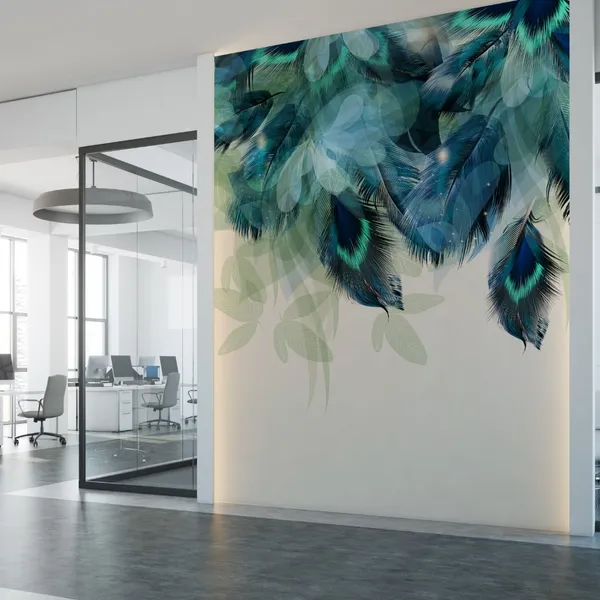 Abstract_floral_background_with_feathers_and_blue_shiny_foliage_on_White_paper,_Mural_Wallpaper,_PVC_Free.