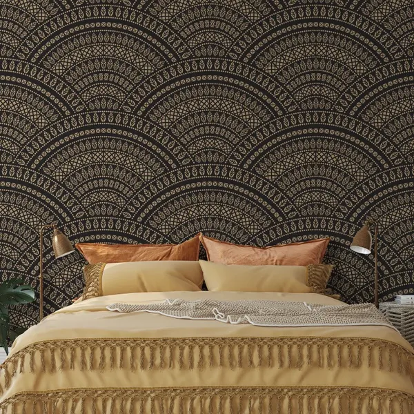 Vector_abstract_seamless_geometric_wavy_background_of_golden_and_black_fans_in_the_shape_of_decorative_feathers_and_banners_with_ethnic_patterns.