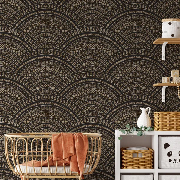 Vector_abstract_seamless_geometric_wavy_background_of_golden_and_black_fans_in_the_shape_of_decorative_feathers_and_banners_with_ethnic_patterns.