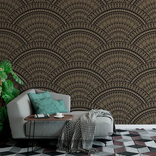 Vector_abstract_seamless_geometric_wavy_background_of_golden_and_black_fans_in_the_shape_of_decorative_feathers_and_banners_with_ethnic_patterns.