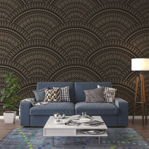 Vector_abstract_seamless_geometric_wavy_background_of_golden_and_black_fans_in_the_shape_of_decorative_feathers_and_banners_with_ethnic_patterns.