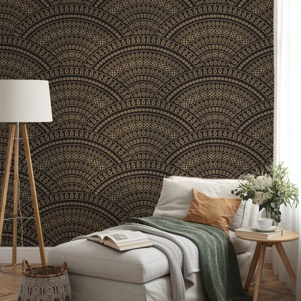 Vector_abstract_seamless_geometric_wavy_background_of_golden_and_black_fans_in_the_shape_of_decorative_feathers_and_banners_with_ethnic_patterns.
