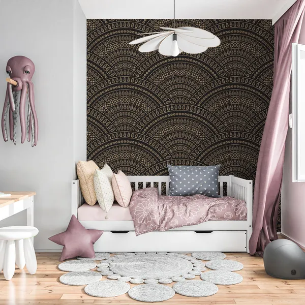 Vector_abstract_seamless_geometric_wavy_background_of_golden_and_black_fans_in_the_shape_of_decorative_feathers_and_banners_with_ethnic_patterns.