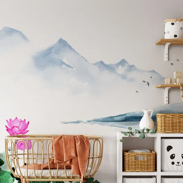 Oriental_landscape_with_lotus_flowers_and_blue_mountains._Traditional_oriental_ink_painting_sumi-e,_u-sin,_go-hua._Hieroglyph_-_happiness_Mural_Wallpaper,_PVC_Free.