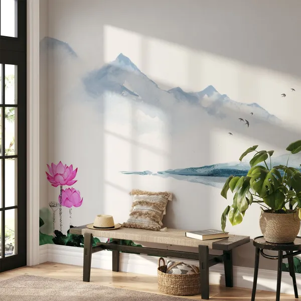 Oriental_landscape_with_lotus_flowers_and_blue_mountains._Traditional_oriental_ink_painting_sumi-e,_u-sin,_go-hua._Hieroglyph_-_happiness_Mural_Wallpaper,_PVC_Free.