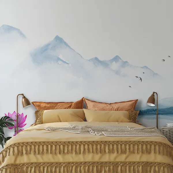 Oriental_landscape_with_lotus_flowers_and_blue_mountains._Traditional_oriental_ink_painting_sumi-e,_u-sin,_go-hua._Hieroglyph_-_happiness_Mural_Wallpaper,_PVC_Free.