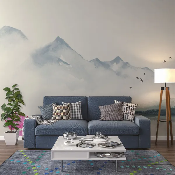 Oriental_landscape_with_lotus_flowers_and_blue_mountains._Traditional_oriental_ink_painting_sumi-e,_u-sin,_go-hua._Hieroglyph_-_happiness_Mural_Wallpaper,_PVC_Free.