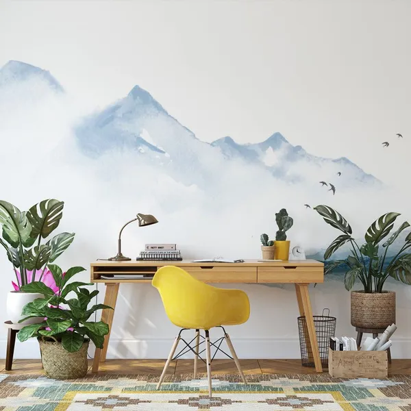 Oriental_landscape_with_lotus_flowers_and_blue_mountains._Traditional_oriental_ink_painting_sumi-e,_u-sin,_go-hua._Hieroglyph_-_happiness_Mural_Wallpaper,_PVC_Free.