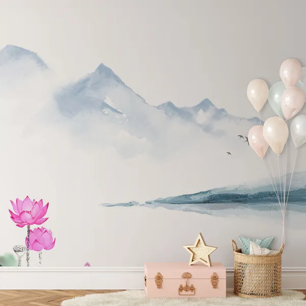 Oriental_landscape_with_lotus_flowers_and_blue_mountains._Traditional_oriental_ink_painting_sumi-e,_u-sin,_go-hua._Hieroglyph_-_happiness_Mural_Wallpaper,_PVC_Free.