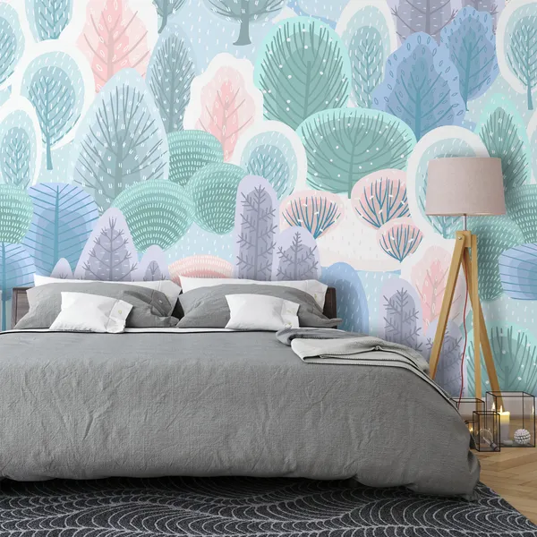 Abstract_seamless_pattern_with_winter_forest._Trees,_bushes,_snow._Vector_background_for_various_surface._Mural_Wallpaper.