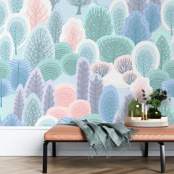 Abstract_seamless_pattern_with_winter_forest._Trees,_bushes,_snow._Vector_background_for_various_surface._Mural_Wallpaper.