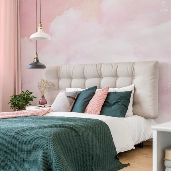 Sugar_cotton_pink_clouds_vector_design_background._Glamor_fairytale_backdrop._Plane_sky_view_with_stars_and_sunset._Watercolor_style_texture.