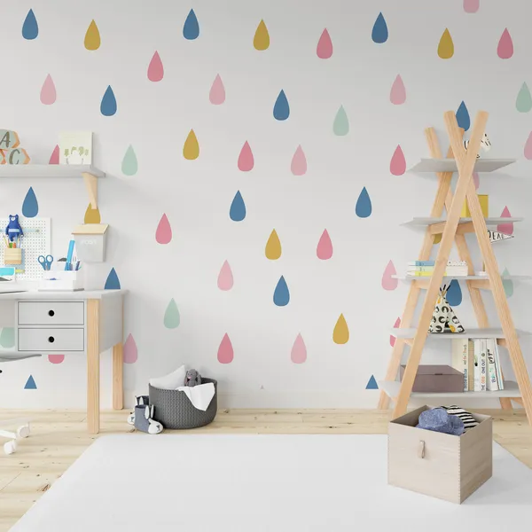 Drawing_with_raindrops._Seamless_cute_background_in_mint,_mustard_yellow_and_pink._Annotation._Mural_Wallpaper.