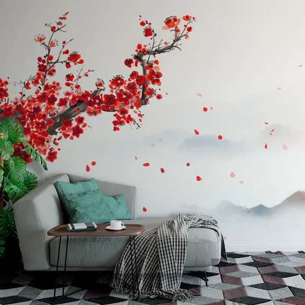 Oriental_cherry_blossoming_branch,_petals_on_the_wind_and_distant_blue_mountains._Traditional_oriental_ink_painting_sumi-e,_u-sin,_go-hua._Translation_of_hieroglyph_-_eternity_Mural_Wallpaper.