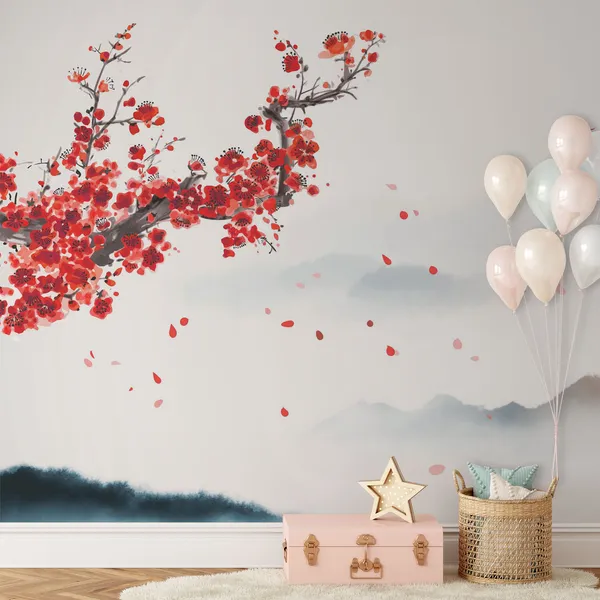 Oriental_cherry_blossoming_branch,_petals_on_the_wind_and_distant_blue_mountains._Traditional_oriental_ink_painting_sumi-e,_u-sin,_go-hua._Translation_of_hieroglyph_-_eternity_Mural_Wallpaper.