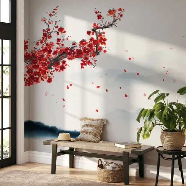 Oriental_cherry_blossoming_branch,_petals_on_the_wind_and_distant_blue_mountains._Traditional_oriental_ink_painting_sumi-e,_u-sin,_go-hua._Translation_of_hieroglyph_-_eternity_Mural_Wallpaper.