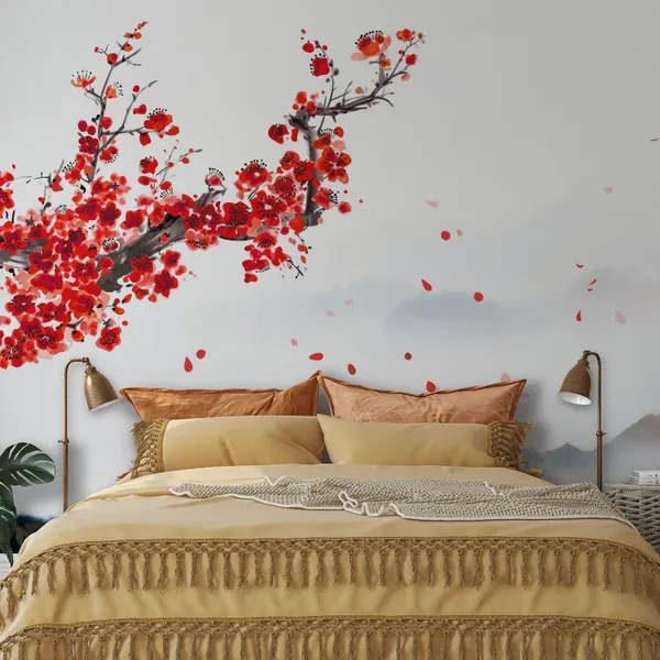 Oriental_cherry_blossoming_branch,_petals_on_the_wind_and_distant_blue_mountains._Traditional_oriental_ink_painting_sumi-e,_u-sin,_go-hua._Translation_of_hieroglyph_-_eternity_Mural_Wallpaper.