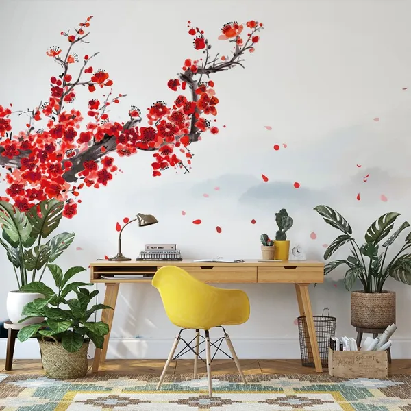 Oriental_cherry_blossoming_branch,_petals_on_the_wind_and_distant_blue_mountains._Traditional_oriental_ink_painting_sumi-e,_u-sin,_go-hua._Translation_of_hieroglyph_-_eternity_Mural_Wallpaper.