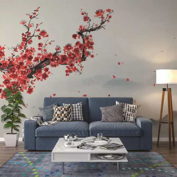 Oriental_cherry_blossoming_branch,_petals_on_the_wind_and_distant_blue_mountains._Traditional_oriental_ink_painting_sumi-e,_u-sin,_go-hua._Translation_of_hieroglyph_-_eternity_Mural_Wallpaper.