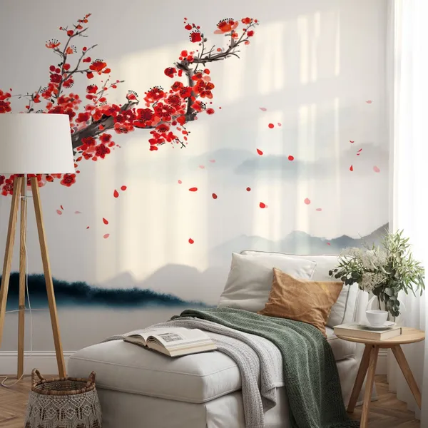 Oriental_cherry_blossoming_branch,_petals_on_the_wind_and_distant_blue_mountains._Traditional_oriental_ink_painting_sumi-e,_u-sin,_go-hua._Translation_of_hieroglyph_-_eternity_Mural_Wallpaper.