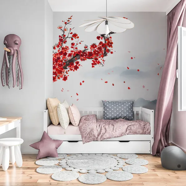 Oriental_cherry_blossoming_branch,_petals_on_the_wind_and_distant_blue_mountains._Traditional_oriental_ink_painting_sumi-e,_u-sin,_go-hua._Translation_of_hieroglyph_-_eternity_Mural_Wallpaper.