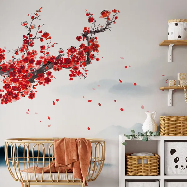 Oriental_cherry_blossoming_branch,_petals_on_the_wind_and_distant_blue_mountains._Traditional_oriental_ink_painting_sumi-e,_u-sin,_go-hua._Translation_of_hieroglyph_-_eternity_Mural_Wallpaper.