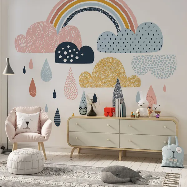 Cute_doodle_vector_rainbow_with_rainy_clouds_Mural_Wallpaper.