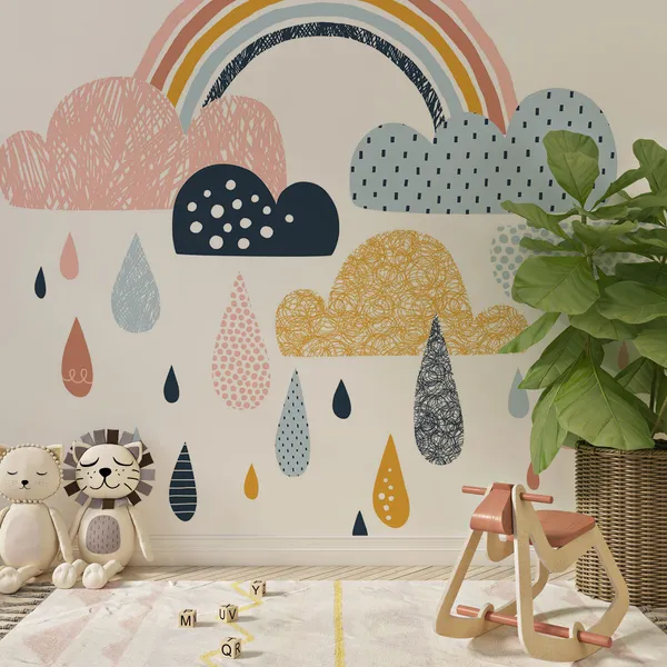 Cute_doodle_vector_rainbow_with_rainy_clouds_Mural_Wallpaper.