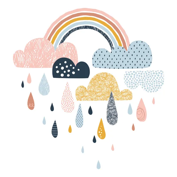 Cute_doodle_vector_rainbow_with_rainy_clouds_Mural_Wallpaper.