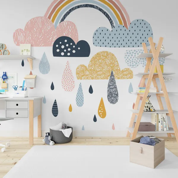 Cute_doodle_vector_rainbow_with_rainy_clouds_Mural_Wallpaper.