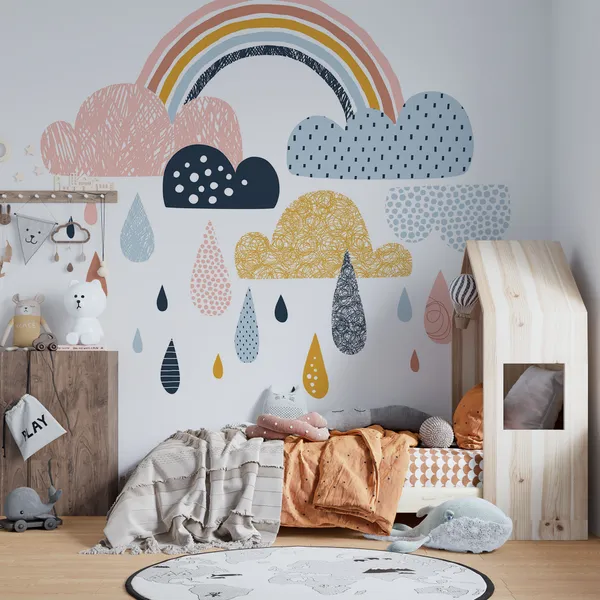 Cute_doodle_vector_rainbow_with_rainy_clouds_Mural_Wallpaper.