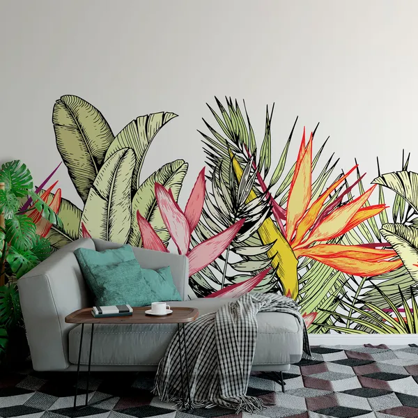 Tropical_bouquet_with_exotic_strelitzia_and_heliconia_flowers._Paradise_Bird_floral_composition._Hand_drawn_vector_illustration_isolated_on_white_Mural_Wallpaper.