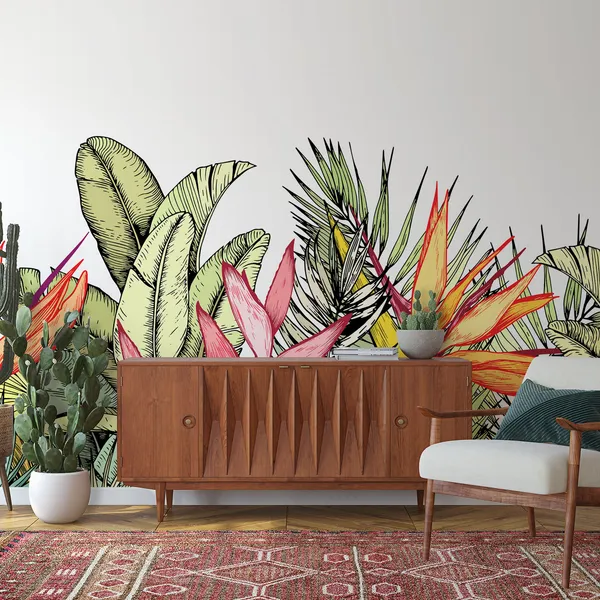 Tropical_bouquet_with_exotic_strelitzia_and_heliconia_flowers._Paradise_Bird_floral_composition._Hand_drawn_vector_illustration_isolated_on_white_Mural_Wallpaper.