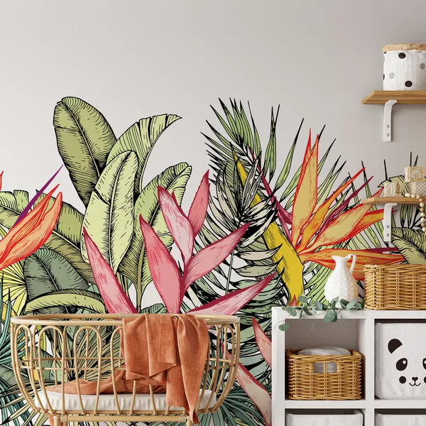 Tropical_bouquet_with_exotic_strelitzia_and_heliconia_flowers._Paradise_Bird_floral_composition._Hand_drawn_vector_illustration_isolated_on_white_Mural_Wallpaper.