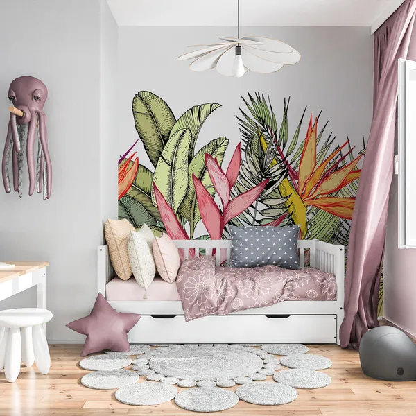 Tropical_bouquet_with_exotic_strelitzia_and_heliconia_flowers._Paradise_Bird_floral_composition._Hand_drawn_vector_illustration_isolated_on_white_Mural_Wallpaper.