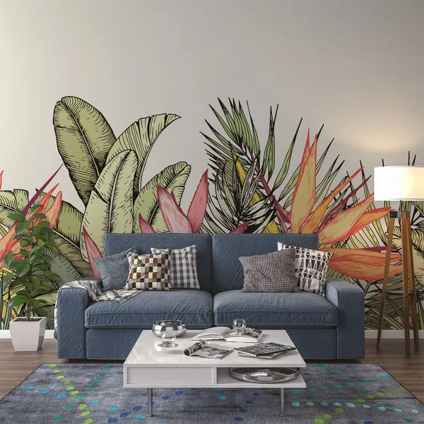Tropical_bouquet_with_exotic_strelitzia_and_heliconia_flowers._Paradise_Bird_floral_composition._Hand_drawn_vector_illustration_isolated_on_white_Mural_Wallpaper.