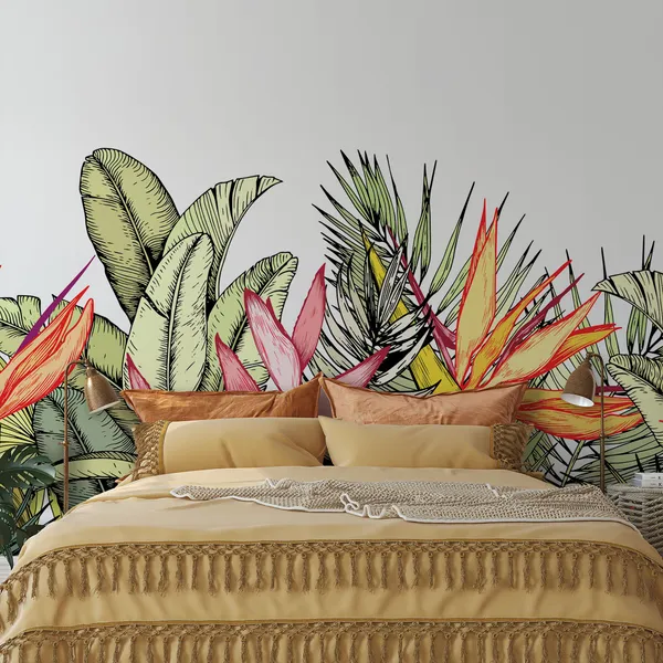 Tropical_bouquet_with_exotic_strelitzia_and_heliconia_flowers._Paradise_Bird_floral_composition._Hand_drawn_vector_illustration_isolated_on_white_Mural_Wallpaper.