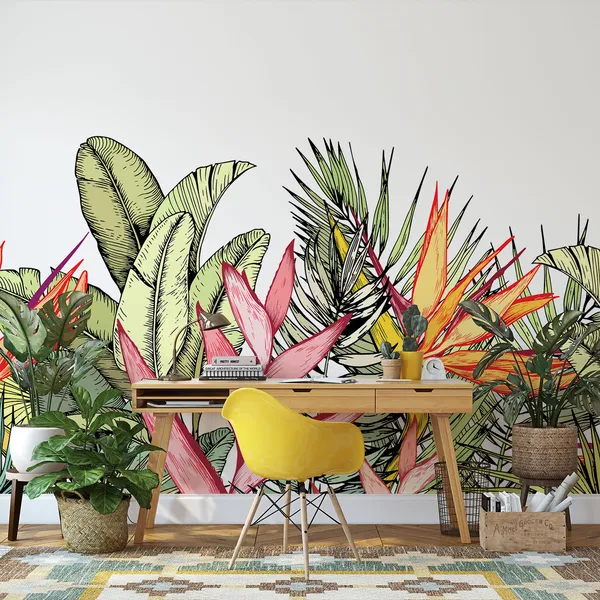 Tropical_bouquet_with_exotic_strelitzia_and_heliconia_flowers._Paradise_Bird_floral_composition._Hand_drawn_vector_illustration_isolated_on_white_Mural_Wallpaper.
