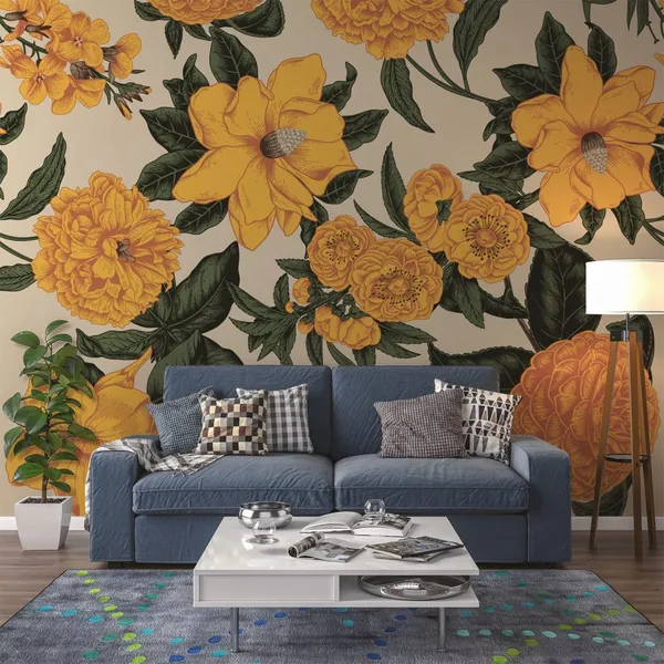 Yellow_Flowers_Surroundings_on_white_color___Wall_Mural,_PVC_free_Wall_Covering