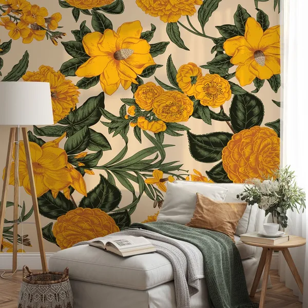 Yellow_Flowers_Surroundings_on_white_color___Wall_Mural,_PVC_free_Wall_Covering