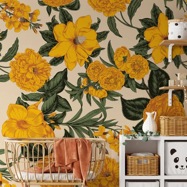 Yellow_Flowers_Surroundings_on_white_color___Wall_Mural,_PVC_free_Wall_Covering