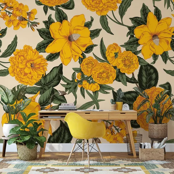 Yellow_Flowers_Surroundings_on_white_color___Wall_Mural,_PVC_free_Wall_Covering
