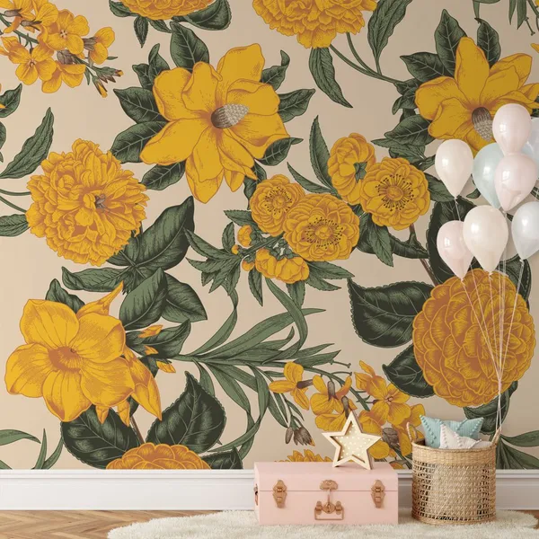 Yellow_Flowers_Surroundings_on_white_color___Wall_Mural,_PVC_free_Wall_Covering